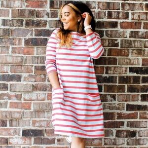 SOLD The Nines by Hatch Maternity Dress Knit Stripes Medium Red Blue Pockets